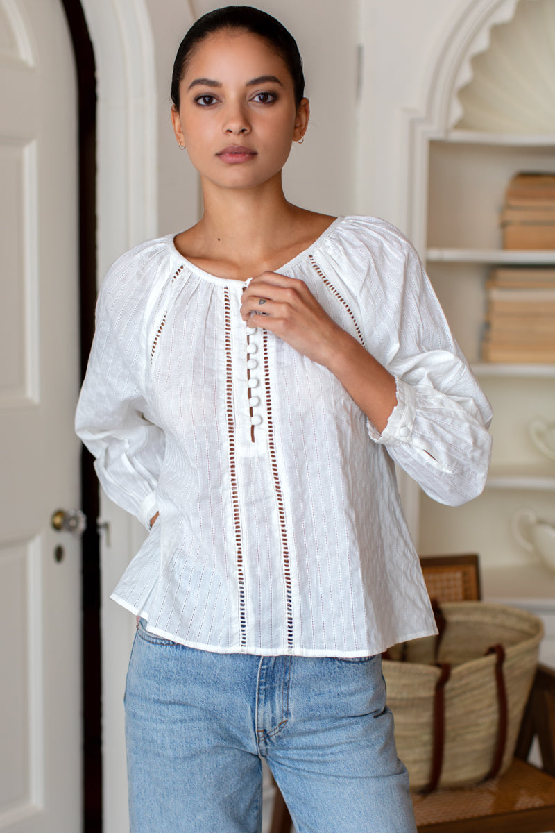 Lucy Heirloom Blouse - Ivory Cotton Dobby Organic