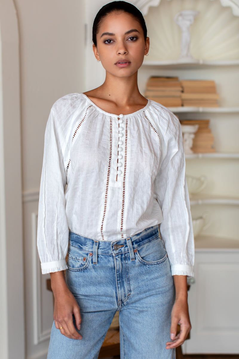 Lucy Heirloom Blouse - Ivory Cotton Dobby Organic