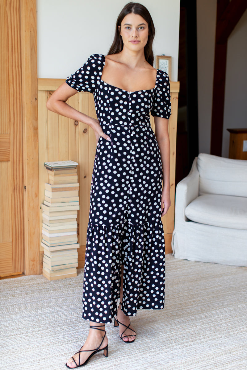 Luie Maxi Dress - Handpainted Dots Black + Ivory