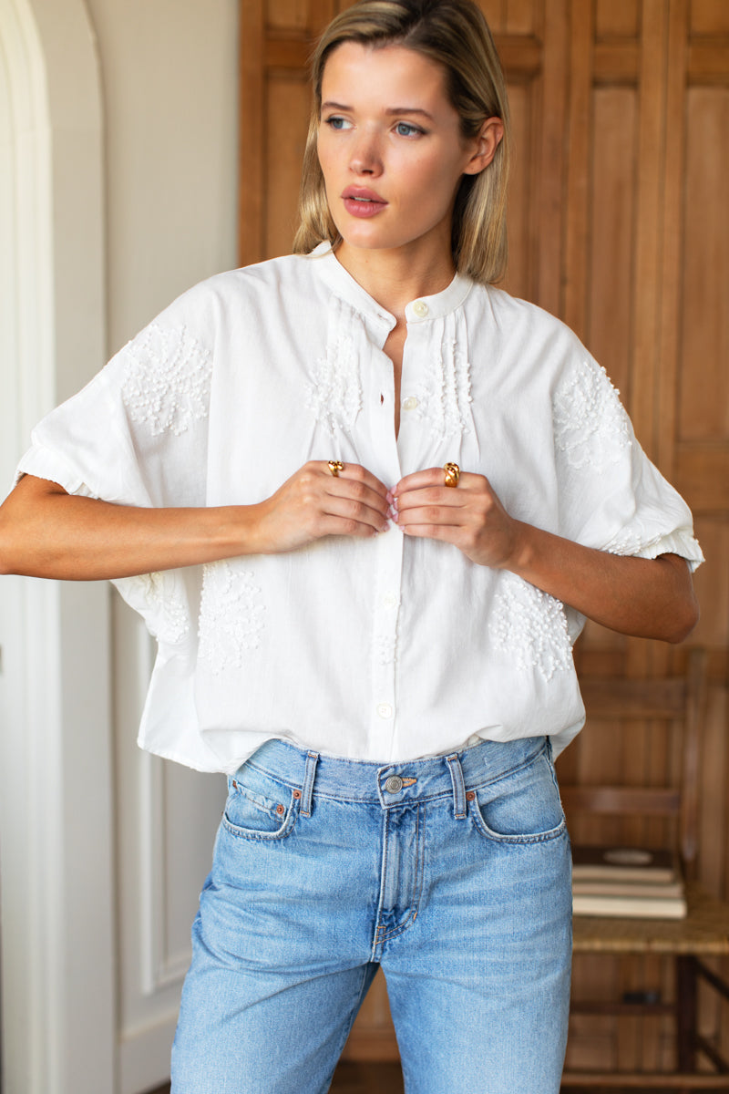 Mandarin Collar Top - French Knot Floral Ivory