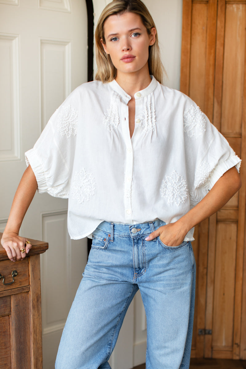 Mandarin Collar Top - French Knot Floral Ivory