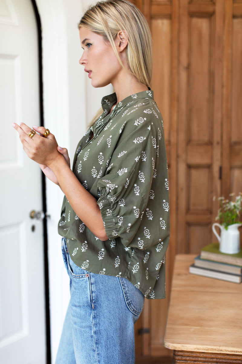 Mandarin Collar Top - Marguerite 2 Gothic Olive