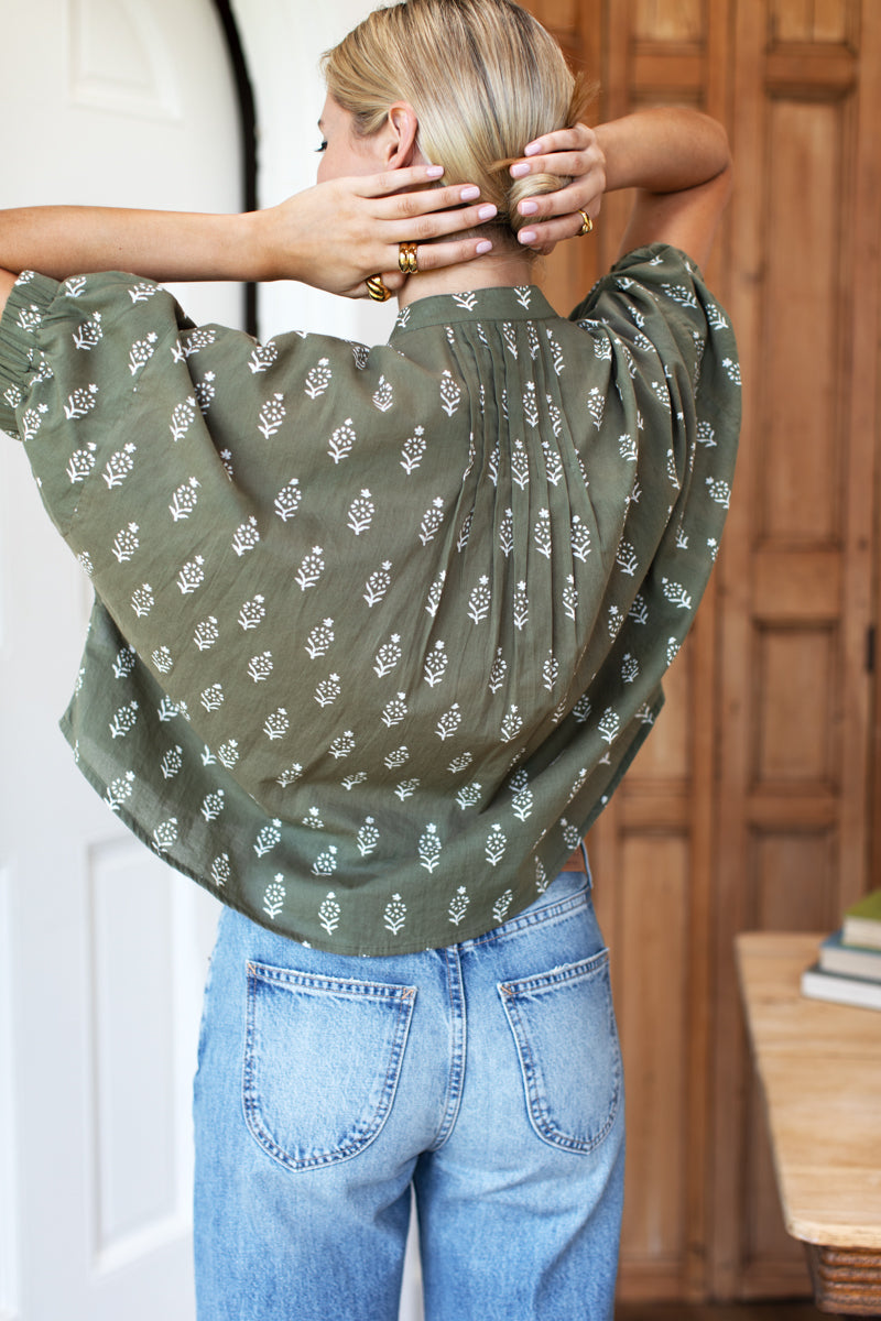 Mandarin Collar Top - Marguerite 2 Gothic Olive