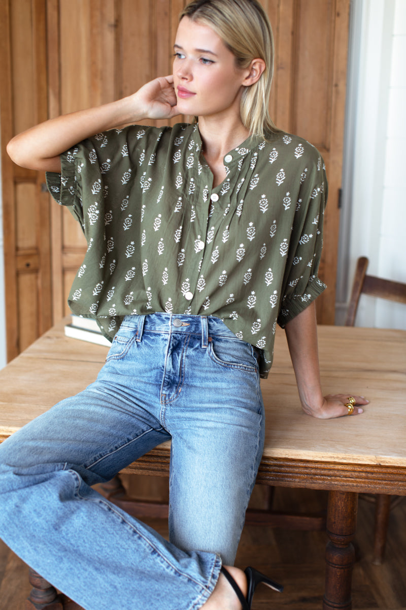 Mandarin Collar Top - Marguerite 2 Gothic Olive