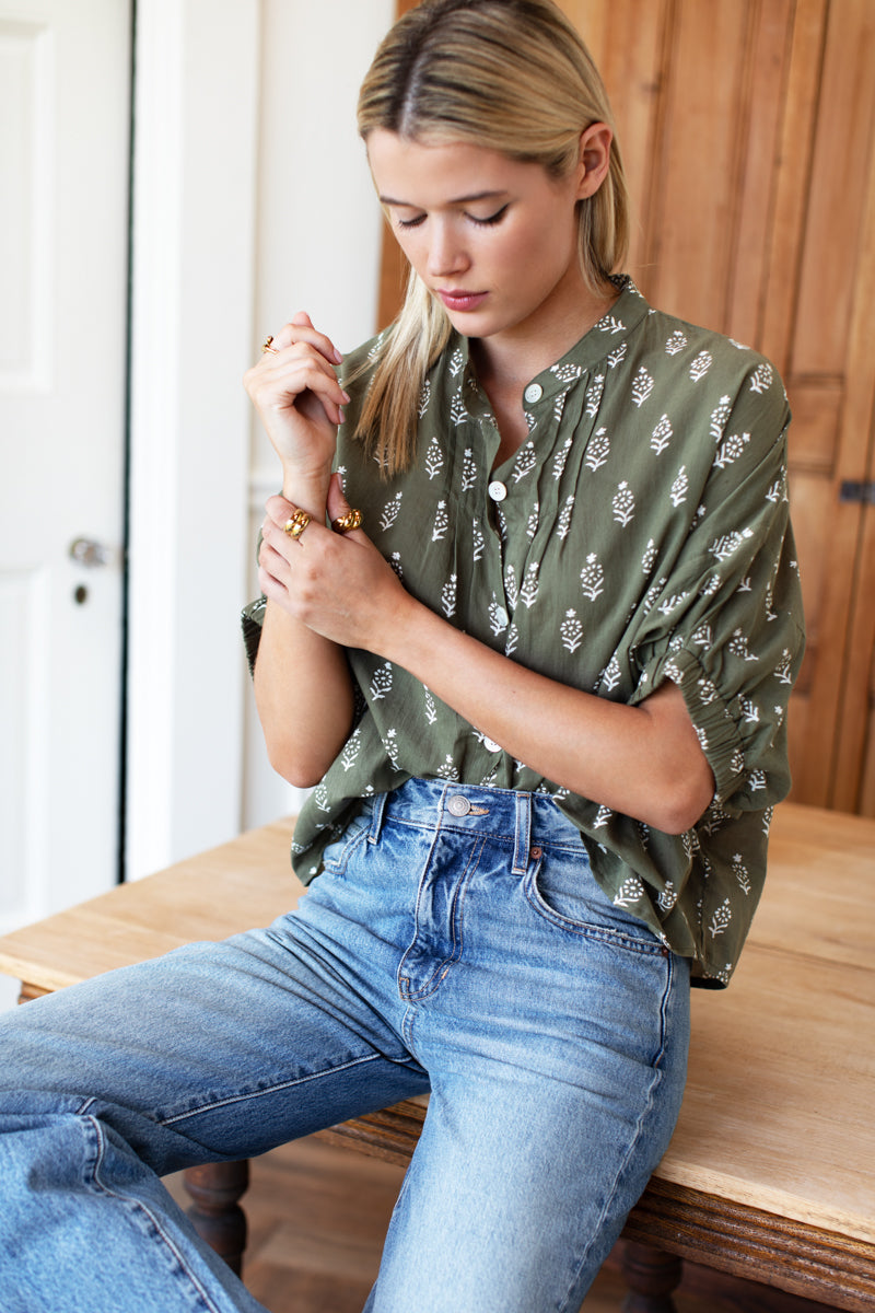 Mandarin Collar Top - Marguerite 2 Gothic Olive