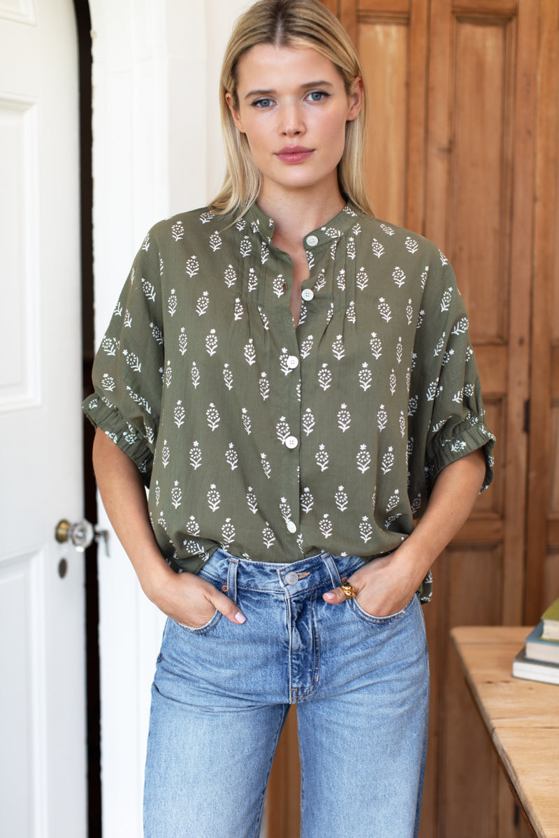 Mandarin Collar Top - Marguerite 2 Gothic Olive