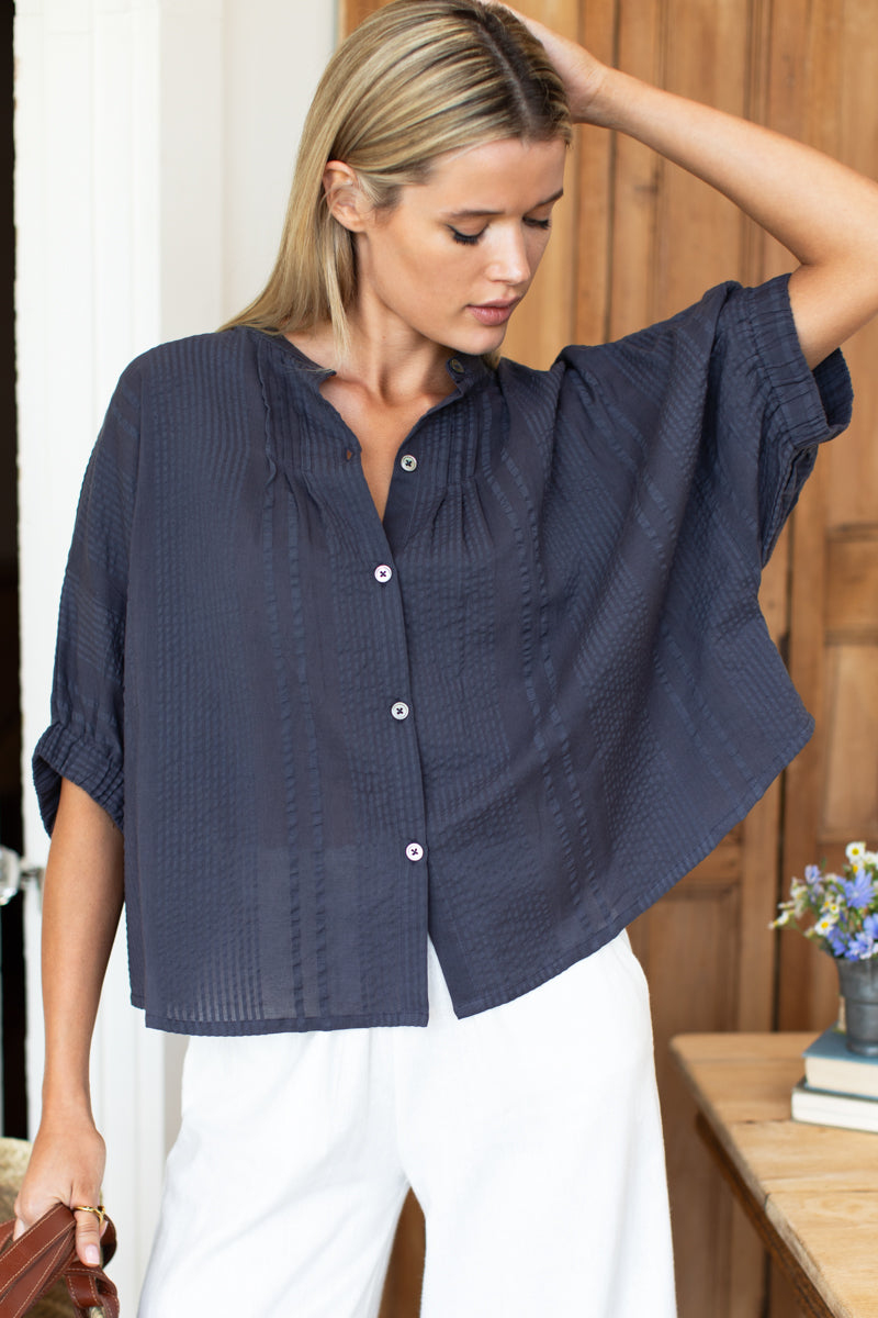 Mandarin Collar Top - Midnight Seersucker Organic