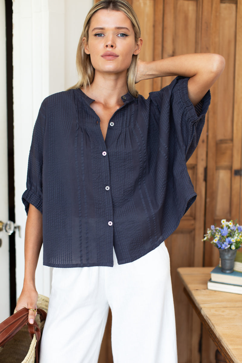 Mandarin Collar Top - Midnight Seersucker Organic