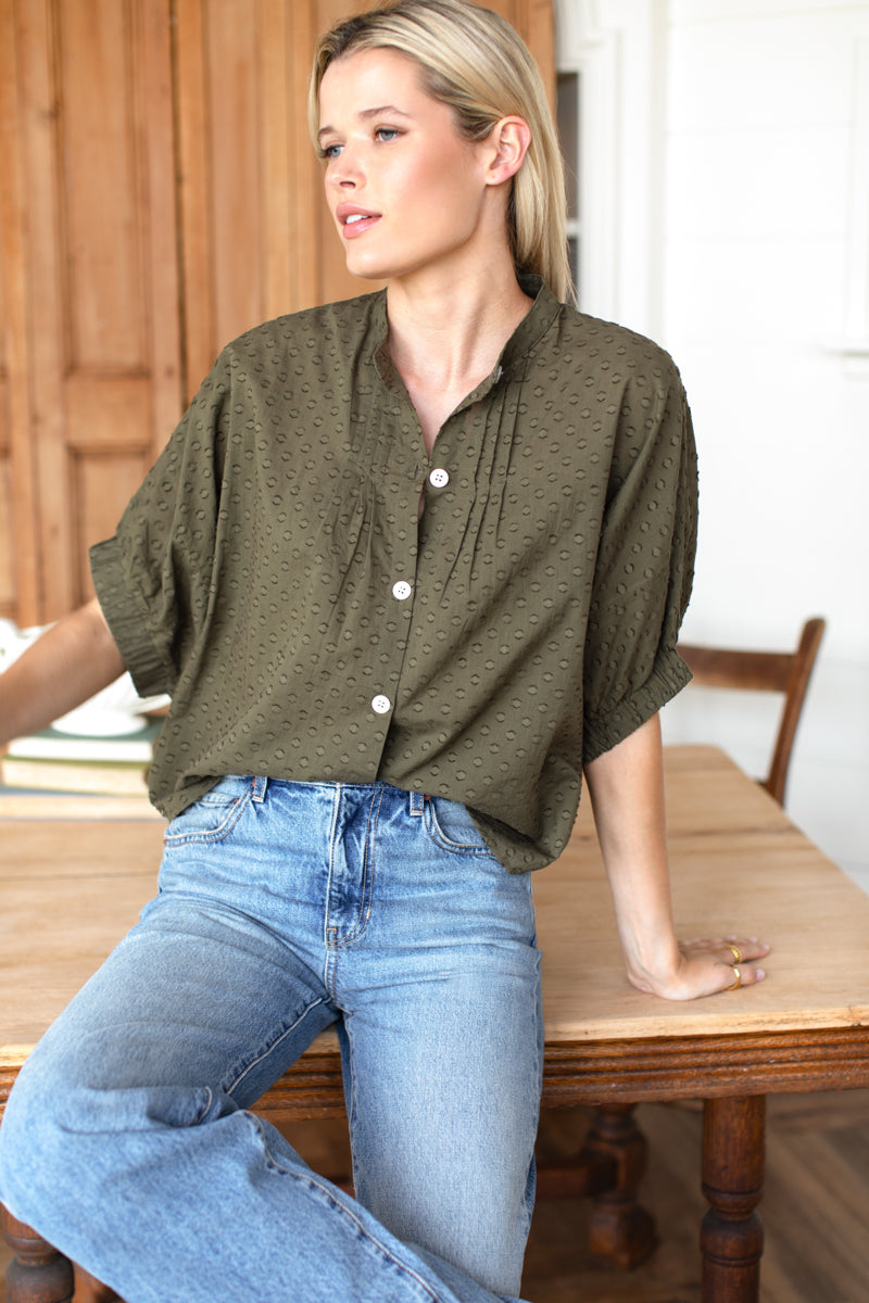 Mandarin Collar Top - Moss Swiss Dot Organic
