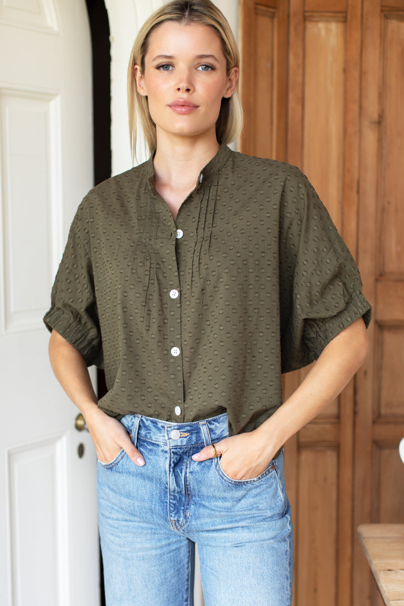 Mandarin Collar Top - Moss Swiss Dot Organic