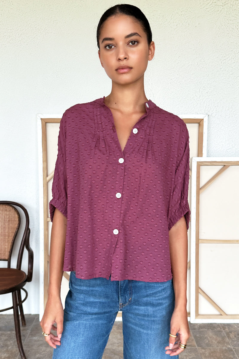 Mandarin Collar Top - Crushed Berry Swiss Dot Organic