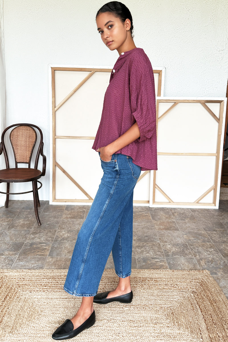 Mandarin Collar Top - Crushed Berry Swiss Dot Organic