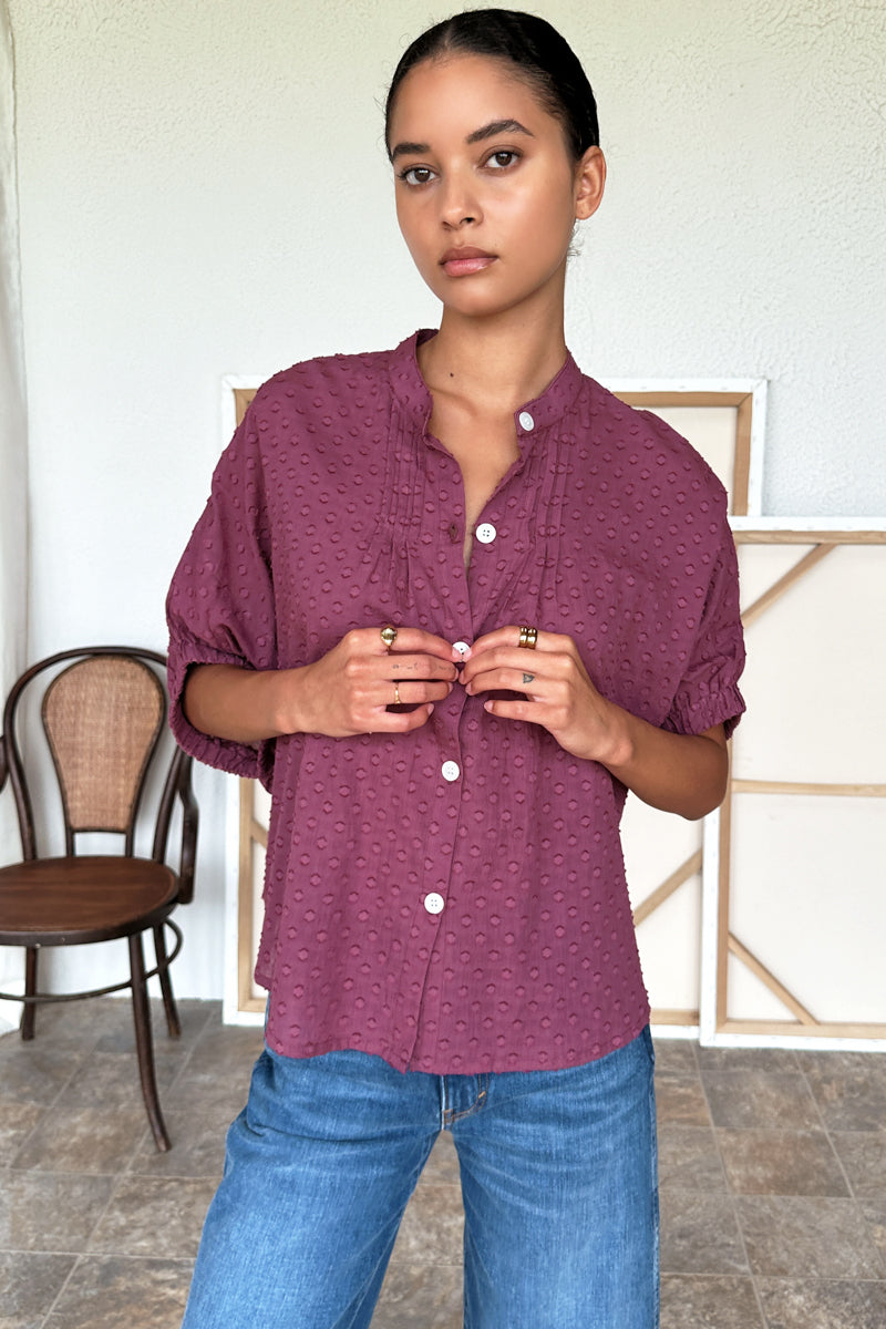 Mandarin Collar Top - Crushed Berry Swiss Dot Organic