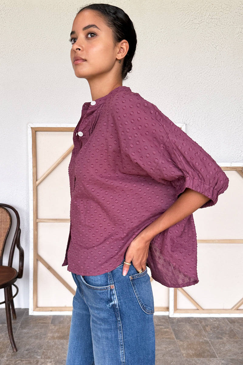Mandarin Collar Top - Crushed Berry Swiss Dot Organic