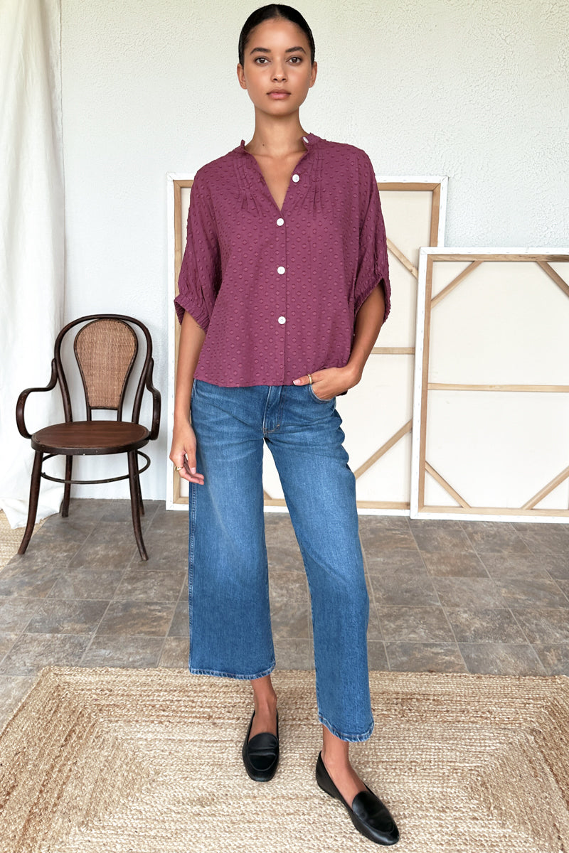 Mandarin Collar Top - Crushed Berry Swiss Dot Organic