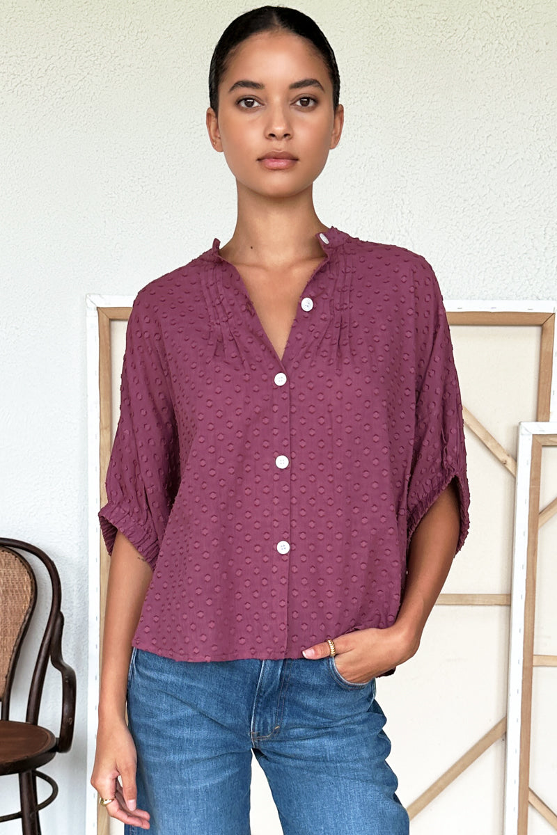 Mandarin Collar Top - Crushed Berry Swiss Dot Organic