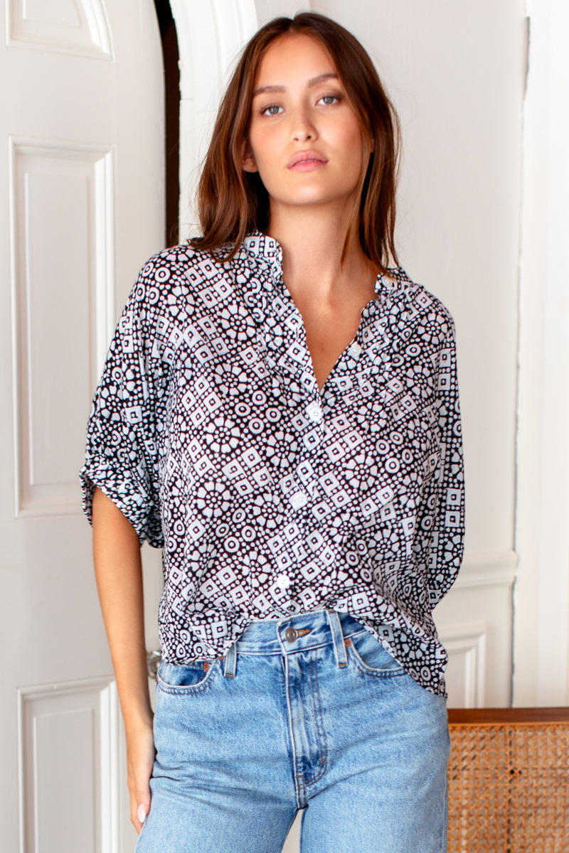 Mandarin Collar Top - Daisy Check Black Organic