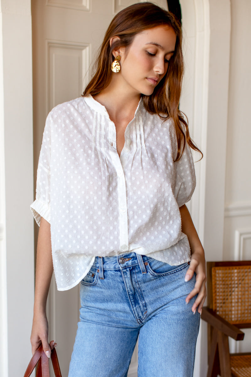 Mandarin Collar Top - Salt Swiss Dot Organic