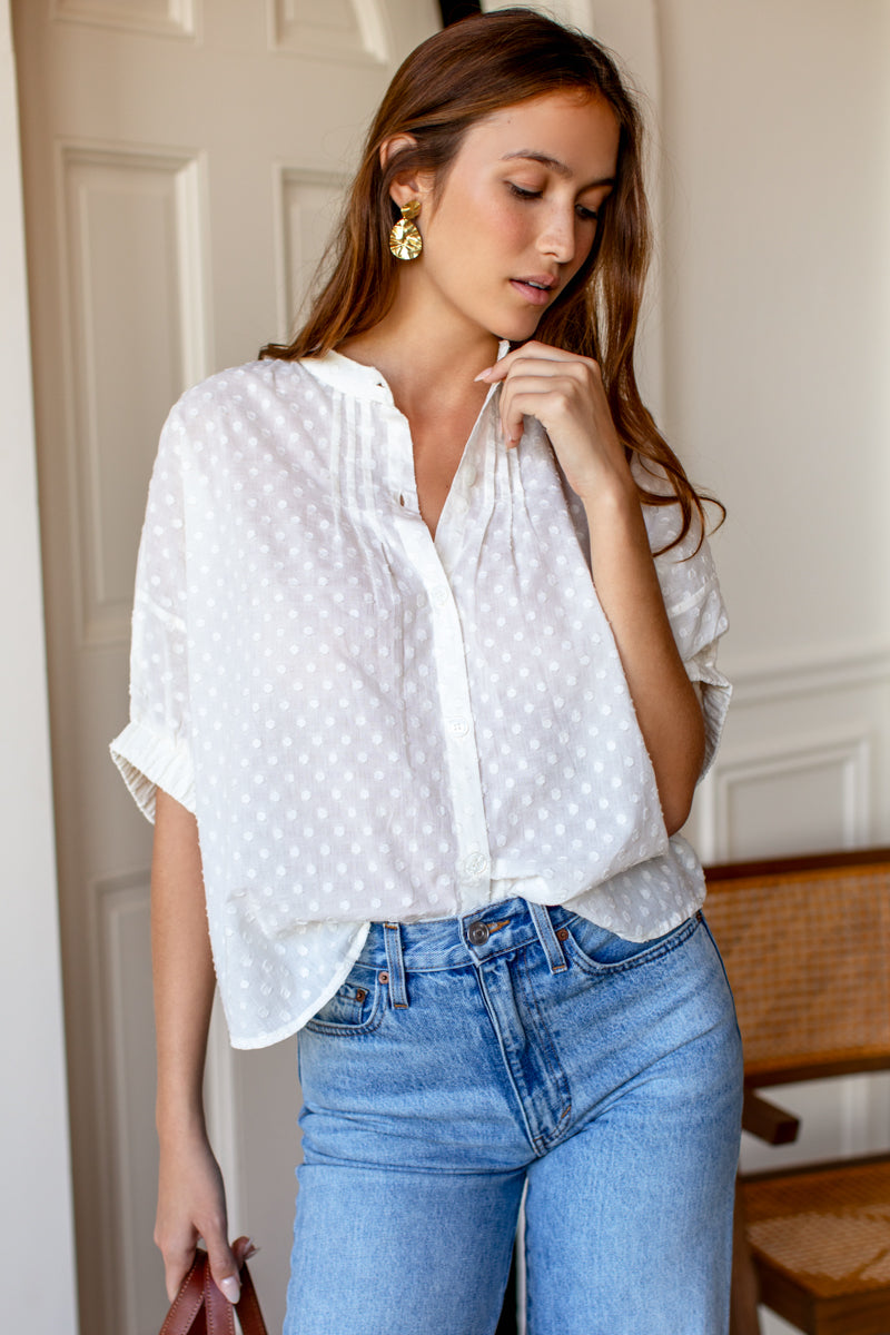 Mandarin Collar Top - Salt Swiss Dot Organic