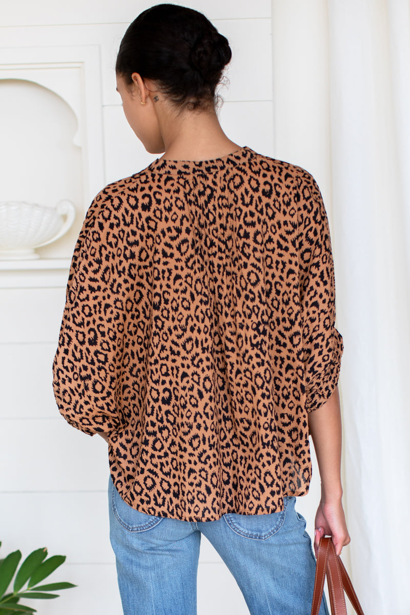 Mandarin Collar Top - Vintage Leopard Organic