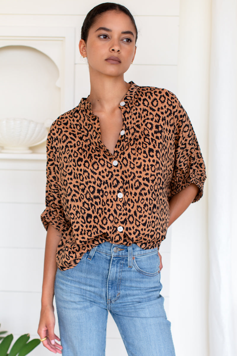 Mandarin Collar Top - Vintage Leopard Organic