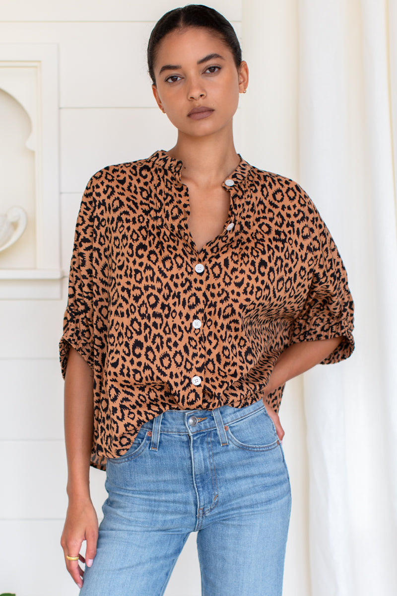 Mandarin Collar Top - Vintage Leopard Organic