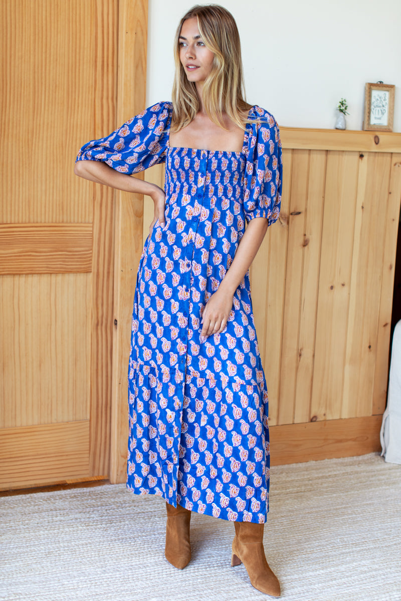 Santiago 3 Maxi Dress - Blue Paisley Flowers