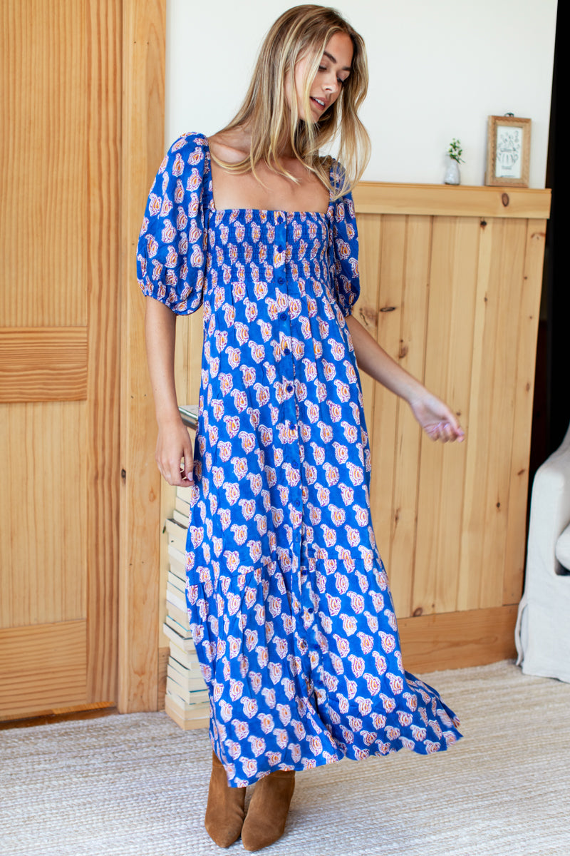 Santiago 3 Maxi Dress - Blue Paisley Flowers