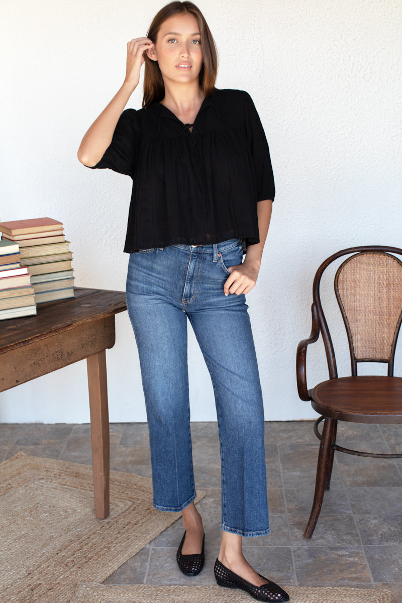 Puff Isla Top - Black Beauty Cotton Dobby Jacquard