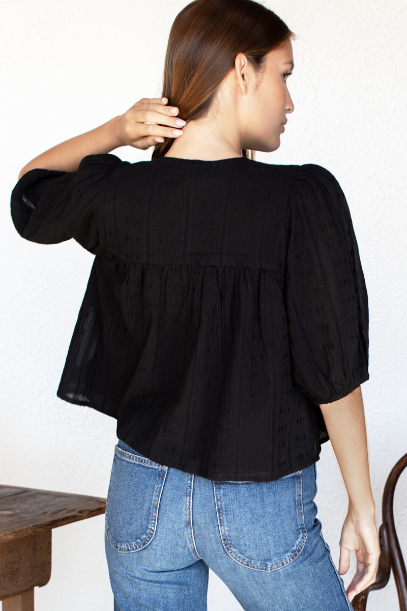 Puff Isla Top - Black Beauty Cotton Dobby Jacquard