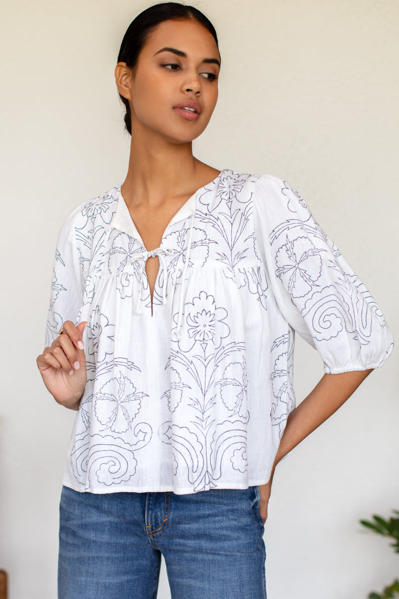 Puff Isla Top - Maeve Outline Indigo Linen