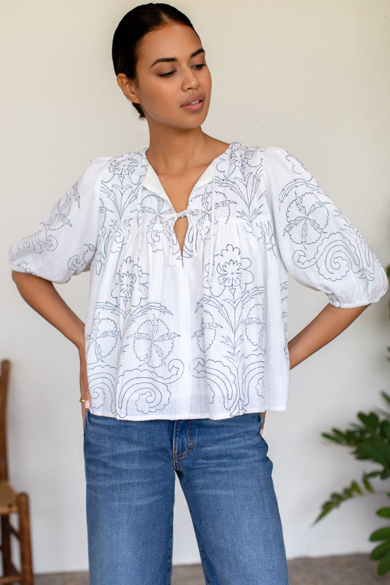 Puff Isla Top - Maeve Outline Indigo Linen