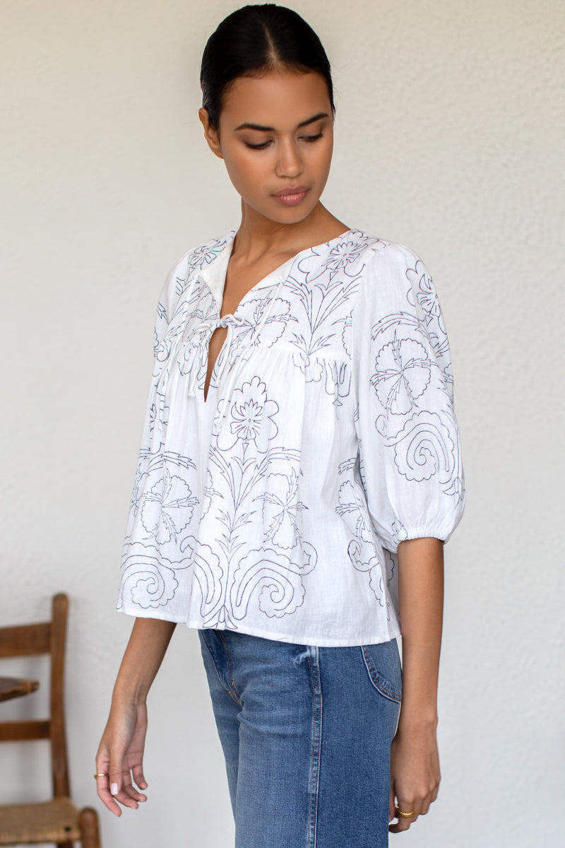 Puff Isla Top - Maeve Outline Indigo Linen
