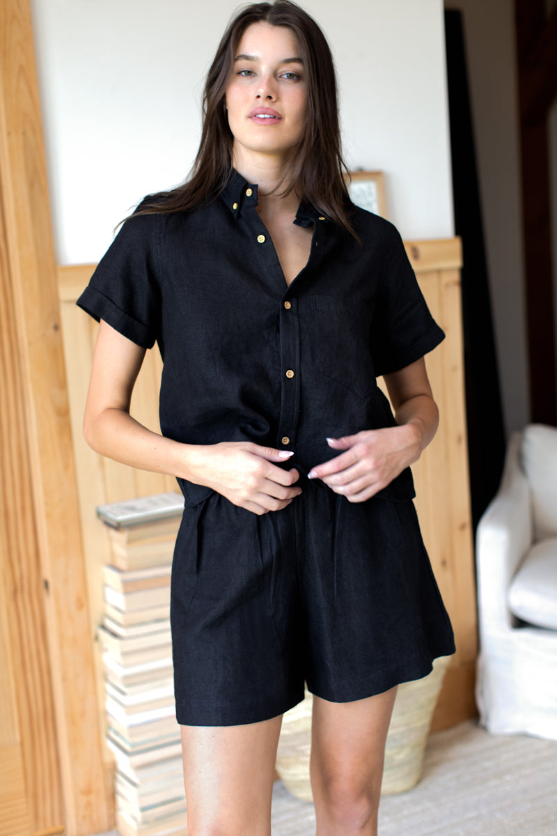 Pull On Shorts - Jet Black Linen