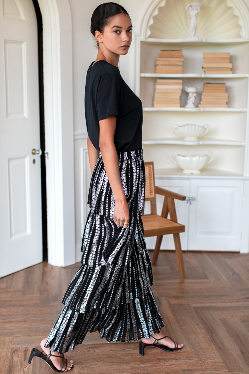 Ruffle Midi Skirt - Black + Silver