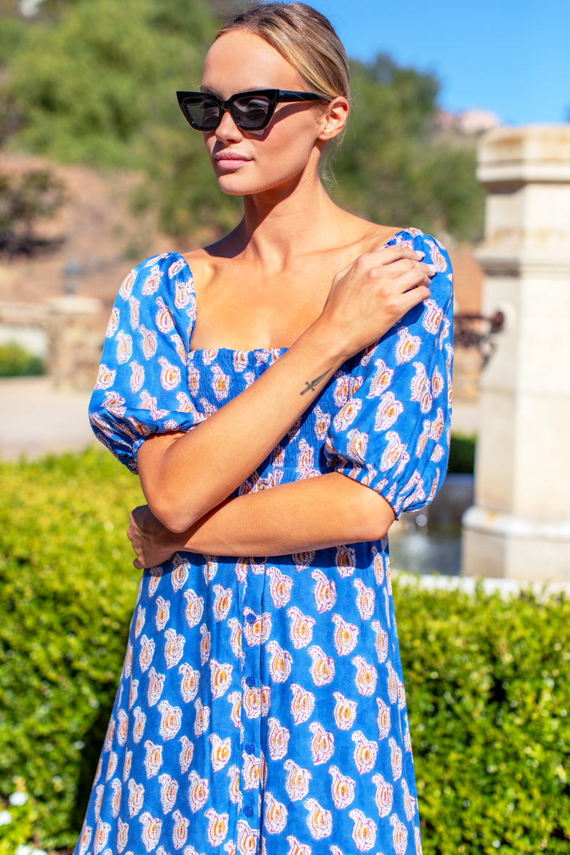 Santiago 3 Maxi Dress - Blue Paisley Flowers