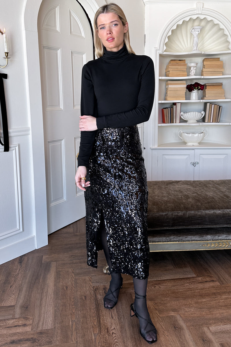 Sequin Pencil Skirt - Black Sequin