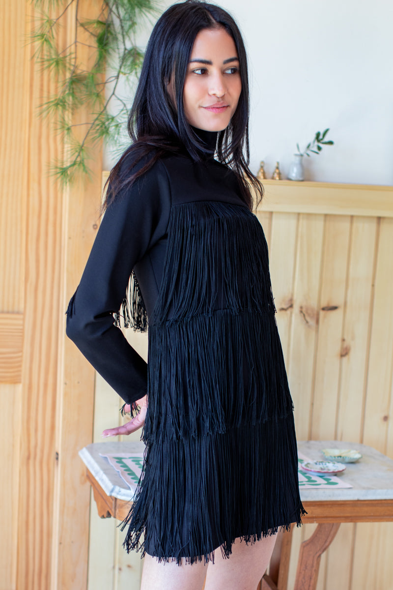 Short Fringe Dress - Black Ponte