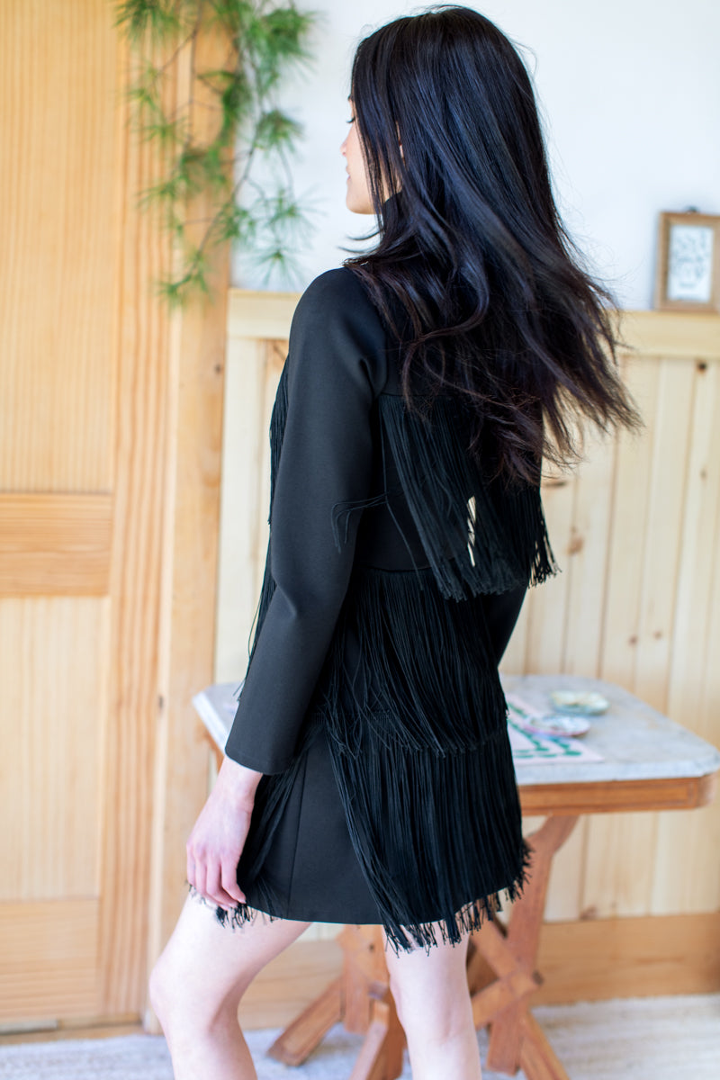 Short Fringe Dress - Black Ponte