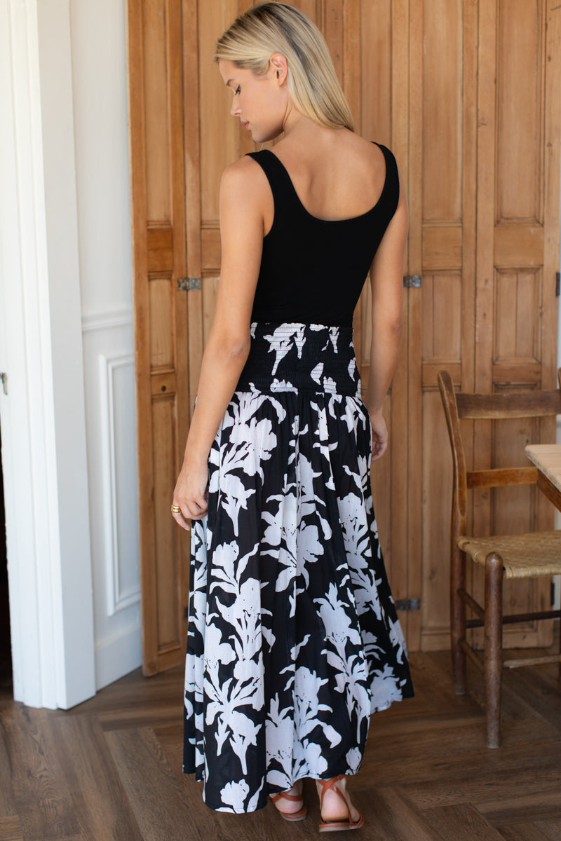 Smocked Maxi Skirt - Black + Ivory Orchid Organic