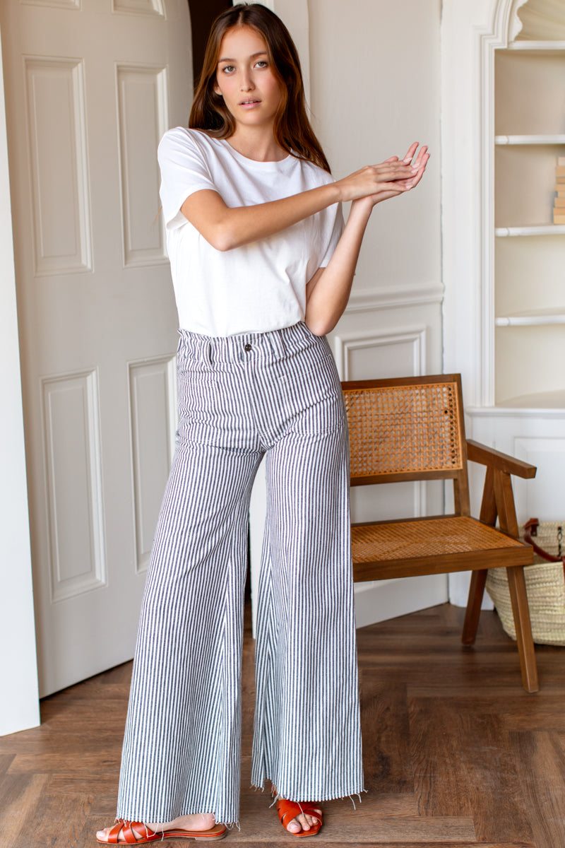 Tulip Wide Leg Pant - Black + Natural Stripe Organic