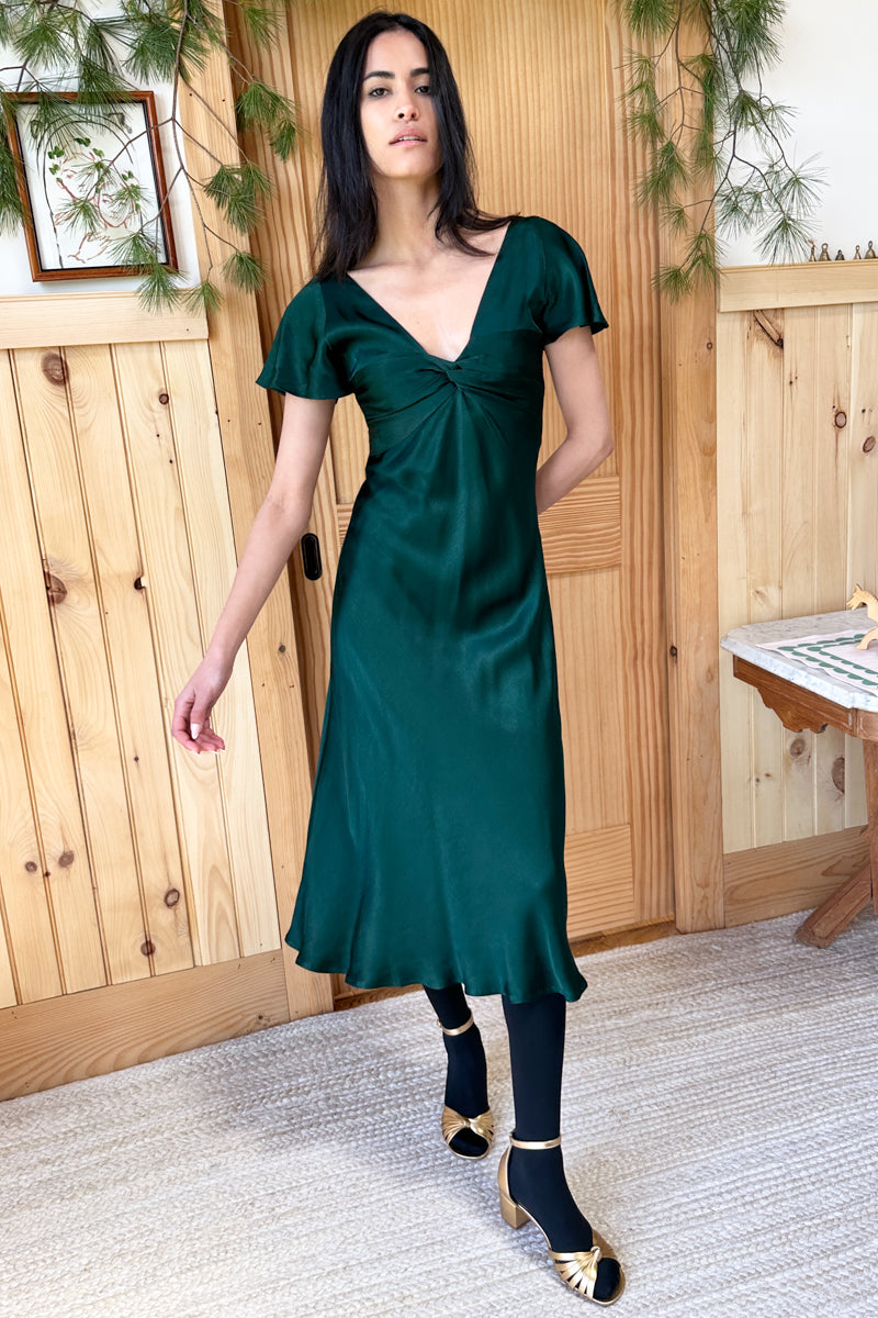 Knot Front Dress - Botanical Green Satin