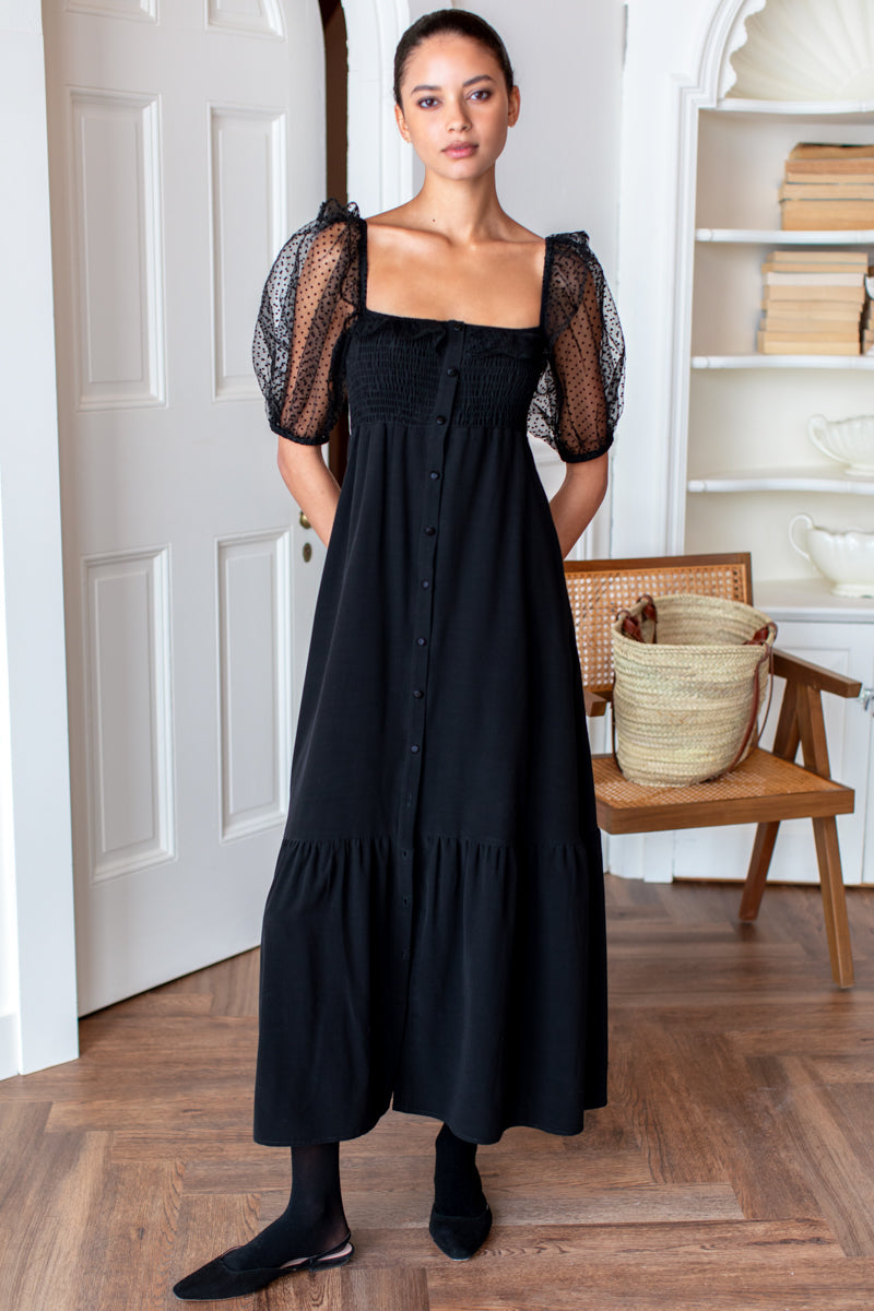 Shirred Bodice Maxi Dress - Black Dots