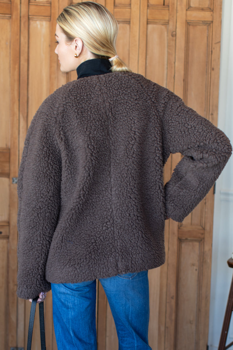 Emile Collarless Short Coat - Chocolate Boucle