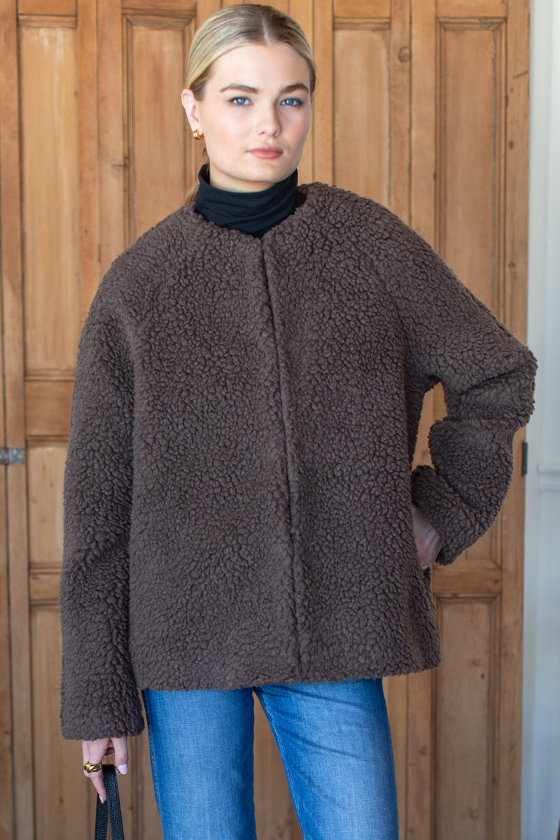 Emile Collarless Short Coat - Chocolate Boucle