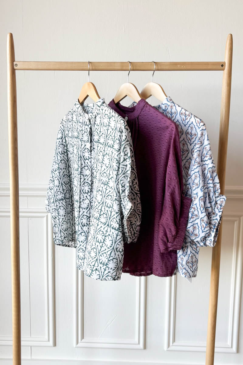 Mandarin Collar Top - Crushed Berry Swiss Dot Organic