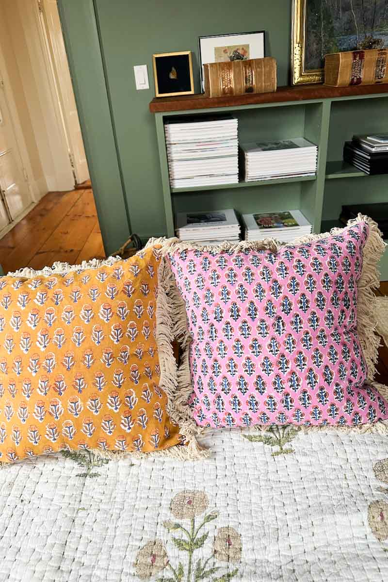 Handblock Pillow Cover - French Marigolds Saffron Linen