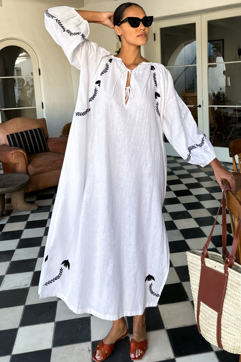 Folk Maxi Dress - White Dove Embroidery Linen