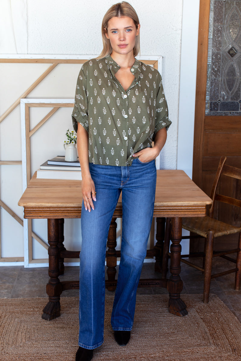 Mandarin Collar Top - Marguerite Gothic Olive Organic
