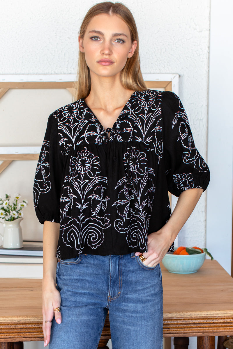 Puff Isla Top - Maeve Outline Black Linen